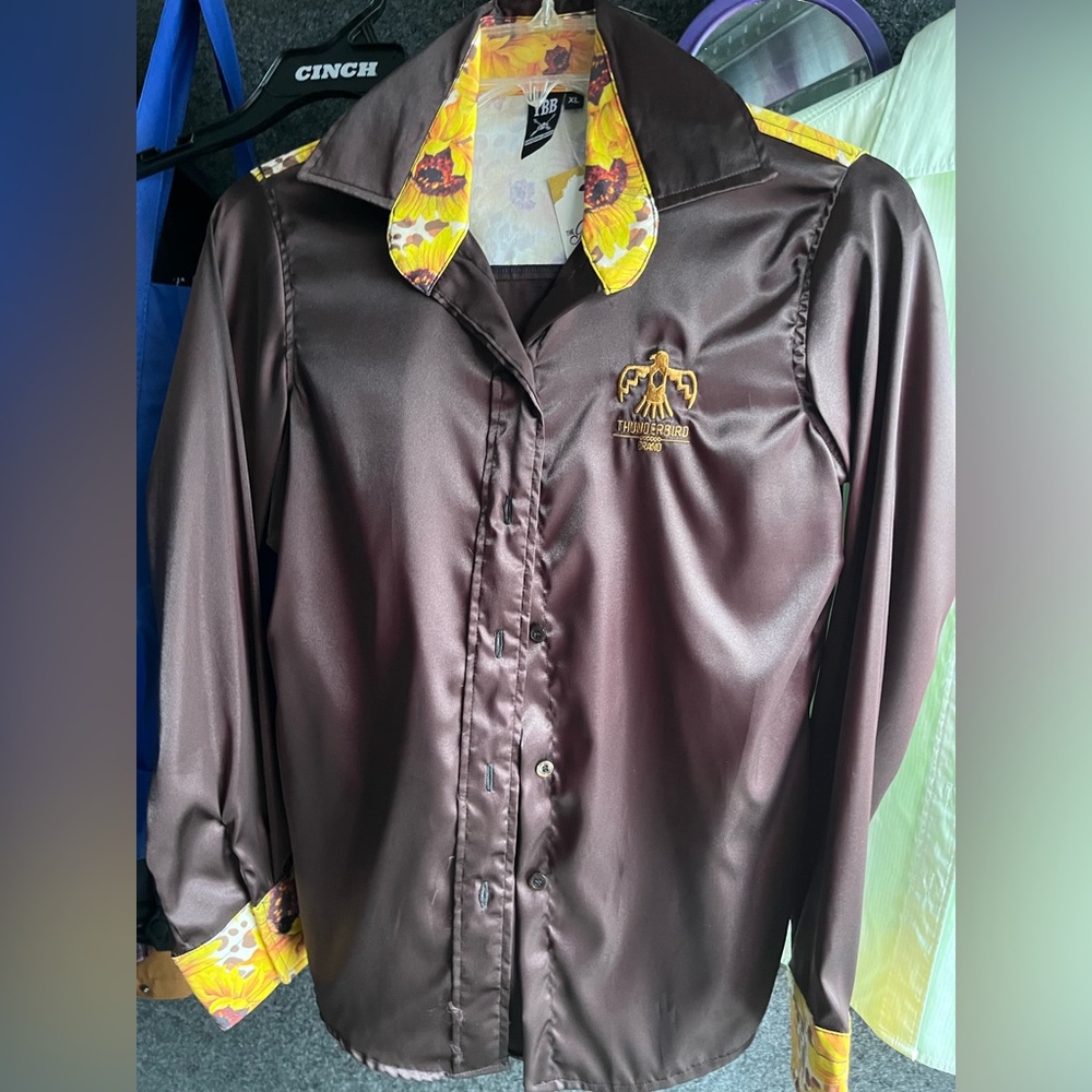 Thunderbird Brand Women's Satin Button-Down Shirt in Deep Brown with SunflowTrim